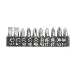 Bits set 10pcs,25mm:SL5.5,6.5, PH1/2-2pcs,PZ1/2-2pcs