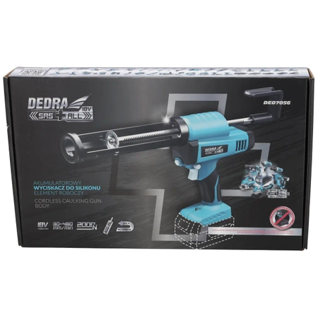 Akumulátorový silikónový extrudér, DED7056 DEDRA SAS+ALL pre 300ml tuby, sila 2000N, automatický návrat piestu, nastaviteľná rýchlosť pohybu