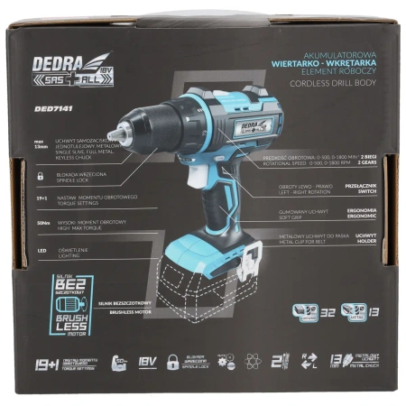 Wiertarko-wkrętarka bezszczotkowa, wkrętarka 18V DEDRA SAS+ALL DED7141 13mm bez udaru, 50Nm