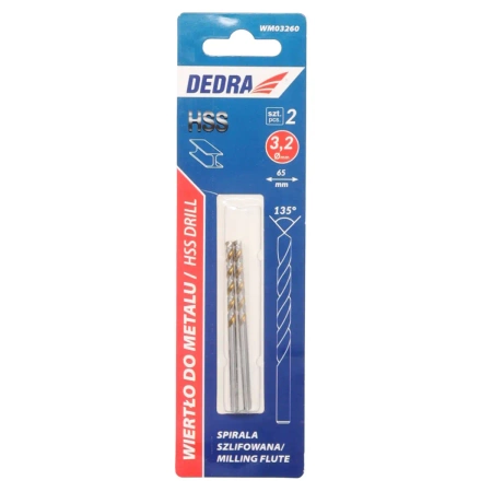 Свердло по металу DEDRA WM03061 HSS, сталь 4341, 135°, 3x61мм, 2шт