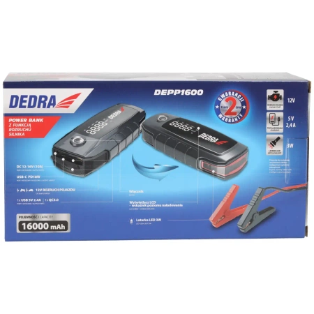 Power-bank s funkciou naštartovania motora DEDRA DEPP1600, Li-Ion 16000mAh, LCD displej