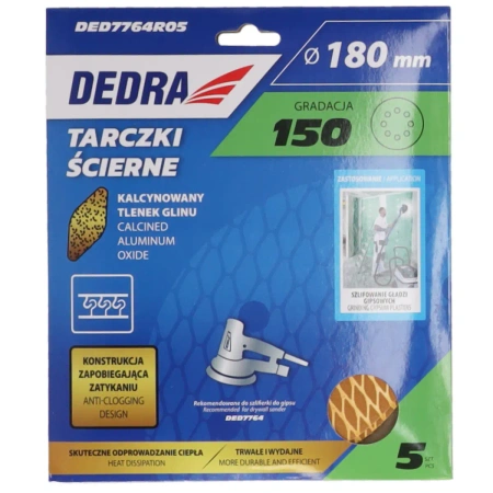 Abrazyviniai diskai nuo užsikimšimo, 180 mm, Nr. 150, velcro, 5 vnt., DEDRA DED7764R05