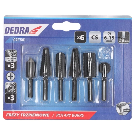 Metal and wood burrs, DEDRA 07F501 6pcs set, 6mm shank, HCS