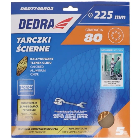 Brusné kotouče proti ucpávání 225 mm, č. 80, suchý zip, sada 5 ks, DEDRA DED7749R01