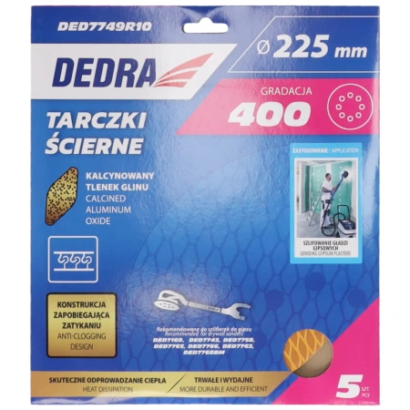 Anti-clog sanding discs 225mm, #400, Velcro, set of 5pcs, DEDRA DED7749R10
