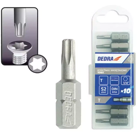 Końcówki wkrętakowe, bity DEDRA 18A03T100-10 Torx T10x25mm, 10szt pudełko plastikowe