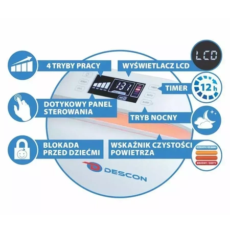 Очиститель воздуха + пульт ДУ DESCON DA-P070 70Вт, 50м2, ЖК дисплей, УФ-C лампа, ионизация, ионизатор