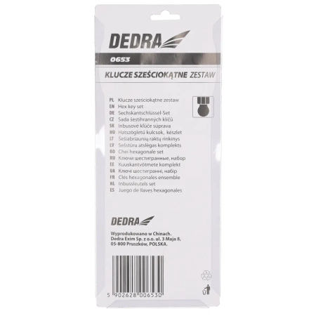 Набір ключів шестигранних, HEX, шестигранні, шестигранні DEDRA 0653 CrV, з кулькою, двосторонні, метричні, 215мм, 9шт