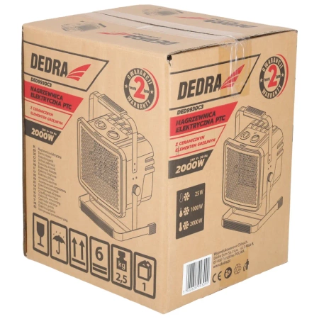 DEDRA DED9930C3 електричний обігрівач PTC 2,0кВт, квадратний, чорний, підставка, керамічний нагрівальний елемент