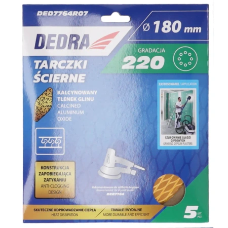 Anti-clog abrasive discs 180mm, #220, velcro, set of 5pcs, DEDRA DED7764R07