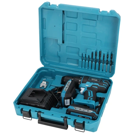 Set de unelte în valiză DEDRA SAS+ALL DED7030A02, șurubelniță cu acumulator, două baterii de 2Ah, încărcător, 9 accesorii