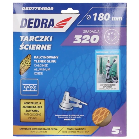 Anti-clog abrasive discs 180mm, #320, velcro, set of 5pcs, DEDRA DED7764R09