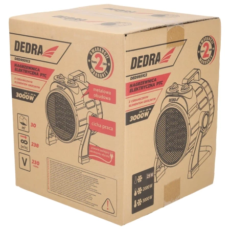 Nagrzewnica elektryczna PTC 3,0kW, okrągła czarna DEDRA DED9931C2 ceramiczny element grzejny