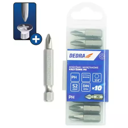 Биты для отверток, биты DEDRA 18A06PH21-10 Phillips PH2x50mm, пластиковый бокс 10шт