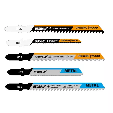 DEDRA 08T001 Набор полотен для лобзика 5шт, для дерева, металла, Т-образный хвостовик